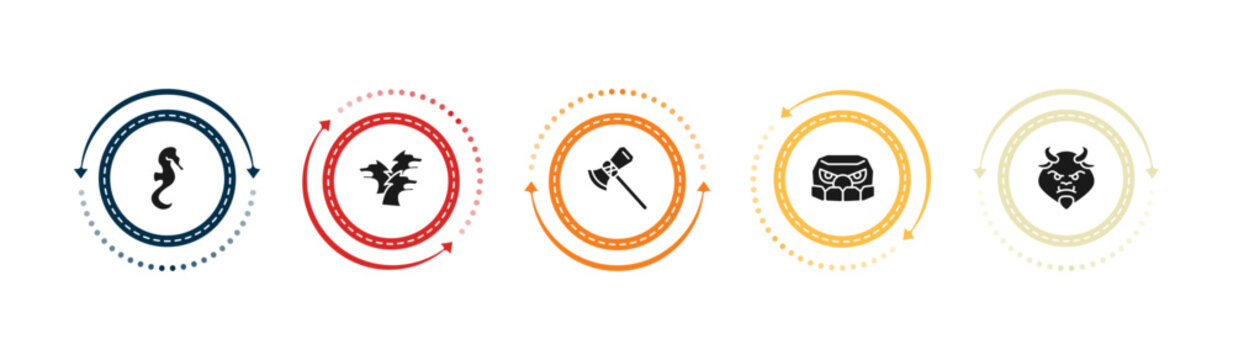 filled fairy tale icons set - seahorses, cerberus, thor, . editable vector for web and mobile ui