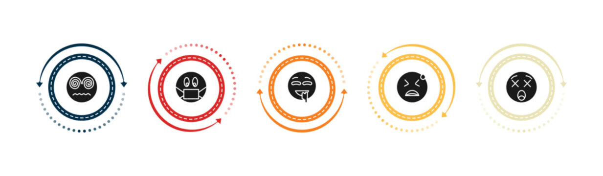 filled emoji icons set - hypnotized emoji, sick emoji, drool desperate editable vector for web and mobile ui