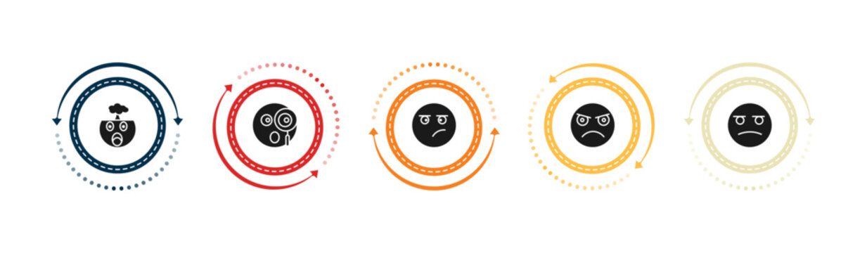filled emoji icons set - exploding head emoji, curious emoji, annoyed pouting editable vector for web and mobile ui