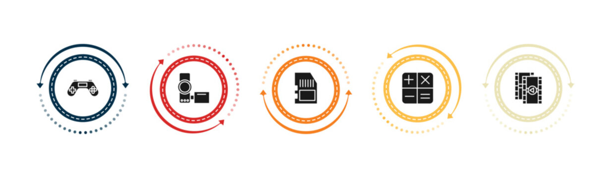 filled electronic stuff fill icons set - joypad, handy cam, memory card, calculating. editable vector for web and mobile ui
