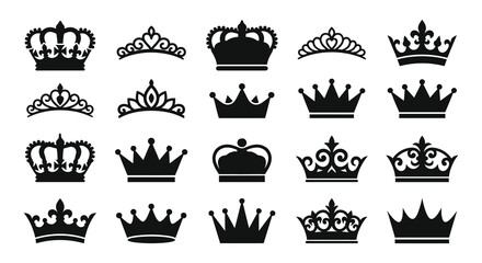 Collection of various royal crowns and tiaras isolated on a white background in a black silhouette © IMkM00i76