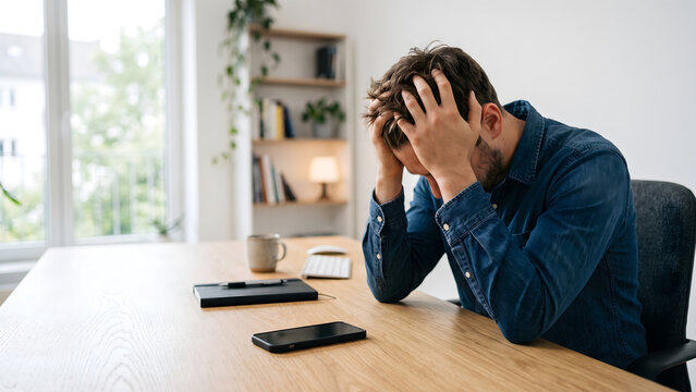 Stressed and overwhelmed young man holding his head in hands sitting at desk in home office