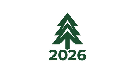 Obraz premium Minimalist green pine tree icon with the year 2026 displayed in a clean graphic design style silhouette