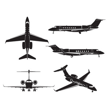 Private jet silhouettes in multiple angles including top side front and perspective views vector set for aviation and luxury travel design