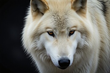 Close up portrait of white wolf face with amber eyes and soft fur. Wild animal stares intently on dark blurred background. Majestic predator in cold natural habitat. © Pete