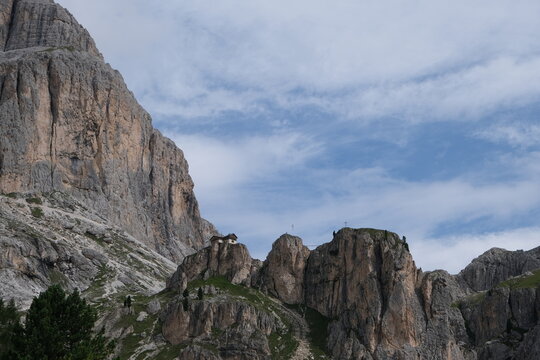 Dramatic Rosengarten (Catinaccio) mountain cliffs in the Dolomites, South Tyrol, Italy