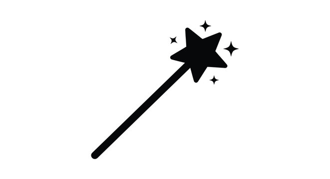 A simple black and white magic wand icon featuring a clean and minimalist graphic design silhouette
