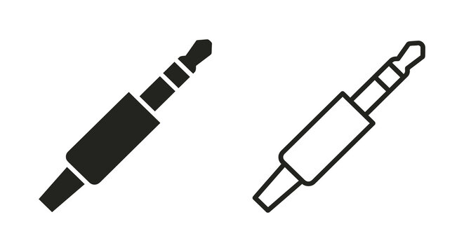 Minimalist audio jack plug icons featuring a solid black filled shape and a linear outline silhouette