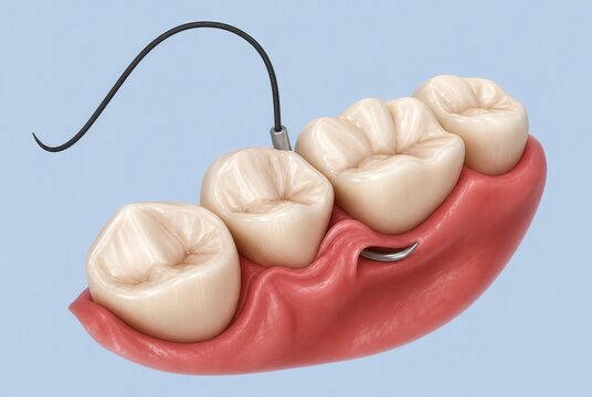 Dental suture positioned around molar teeth after periodontal surgery