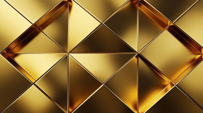 Abstract background with shiny gold metallic panels in geometric triangle shapes. Luxury surface texture features reflective 3D triangular elements arranged in modular pattern. Bright yellow polished