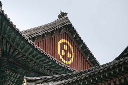 Roof Detail with Buddhist Symbol at Jogyesa Temple, Seoul