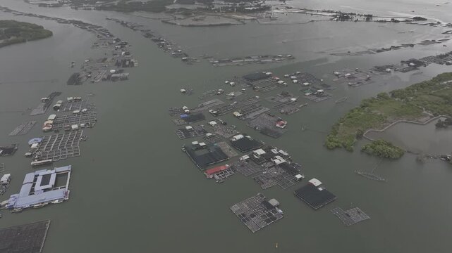 Aerial drone footage of oyster farming in Long Son, Ho Chi Minh City, Vietnam, showcasing traditional aquaculture, floating oyster farms, coastal fishing industry and sustainable seafood production.