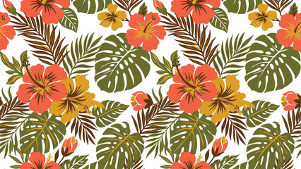Seamless tropical pattern with coral hibiscus flowers and monstera leaves on white background. Flat vector illustration EPS 10. © Robich Art