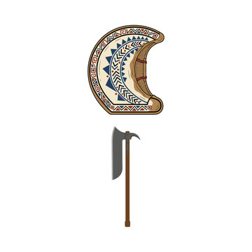 Historical battle weapons illustration including a decorated crescent shield and a medieval poleaxe