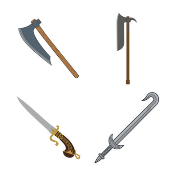 Vector collection of ancient medieval weapons including battle axe, dagger, poleaxe and sword
