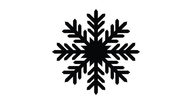A single intricate winter snowflake design presented as a bold black and white graphic art silhouette