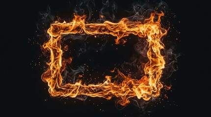 Fototapeta premium Glowing Rectangular Border Frame Made of Realistic Intense Burning Fire with Smoke and Embers on Black Background