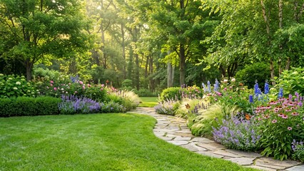 Obraz premium Lush Garden Path with Sunlight Filtering Through Trees.