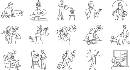 Obraz premium People Everyday Lifestyle Activities Continuous Line Art Collection with Modern Human Action Illustrations