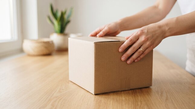 Woman hands closing and sealing a cardboard box on a wooden table at home for shipping and delivery