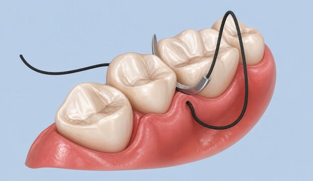 Dental suture loop securing gum tissue around molar tooth