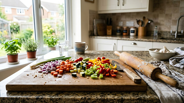 Chopped Fresh Vegetables Ready for Cooking on a Kitchen Cutting Board with Utensils