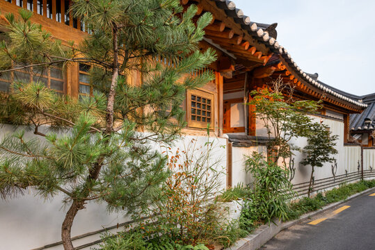 Traditional Hanok Houses and Curved Roofs Along a Quiet Street, Seoul