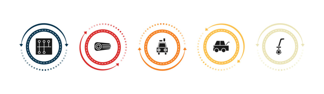 filled car parts icons set - car gearbox, car reversing light, luggage rack, taiate. editable vector for web and mobile ui