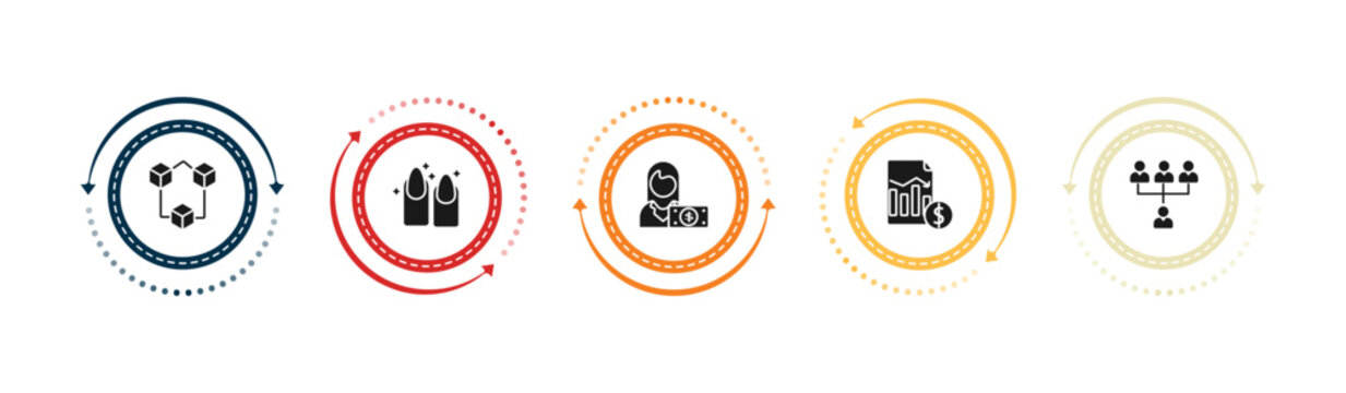 filled business icons set - connection box chart, nails, woman with dollar bill, profit report. editable vector for web and mobile ui
