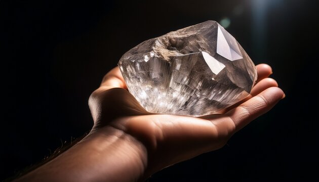 hand holding a large raw diamond stone in low light