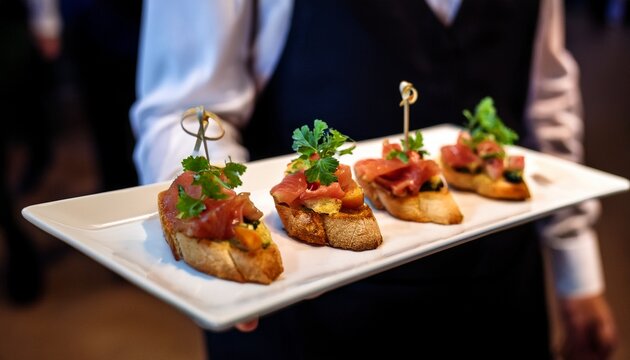 gourmet bruschetta appetizers served on a white platter by a waiter at a catering event or wedding reception