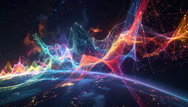 Futuristic global network data visualization over Earth at night.