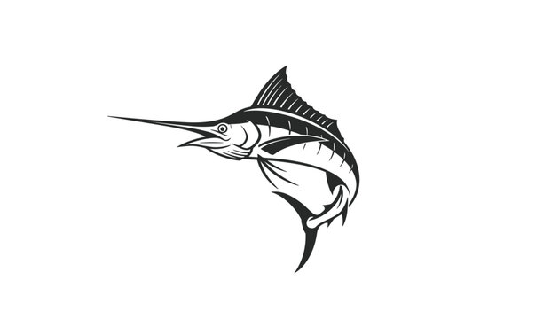 Detailed black and white vector illustration of a majestic marlin fish leaping gracefully over a clean white background.
