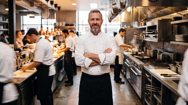 Head Chef Directing in a Busy Restaurant Kitchen