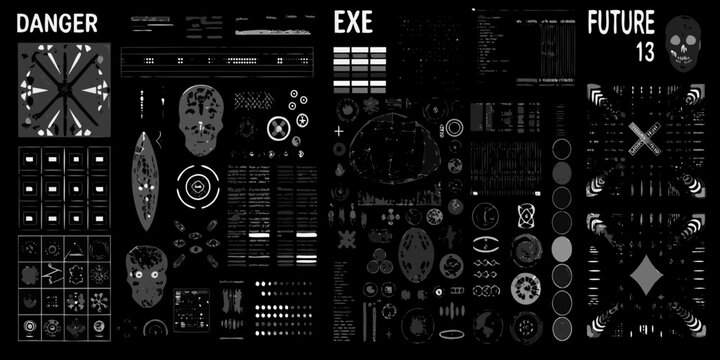 cyberpunk industrial graphic elements vector collage icons symbols technology futuristic danger exe future