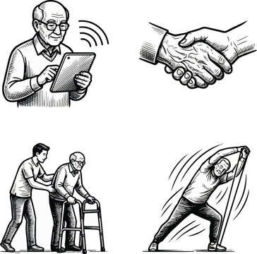 Elderly Care Montage: A collection of illustrations depicts seniors engaging with technology, forming connections, receiving assistance, and staying active.