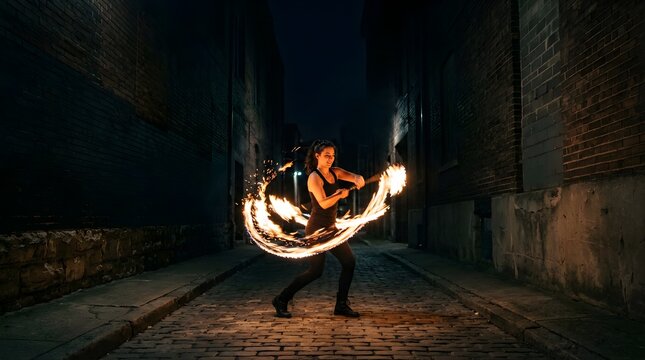 Young woman performing fire dance with spinning flaming poi in city alley