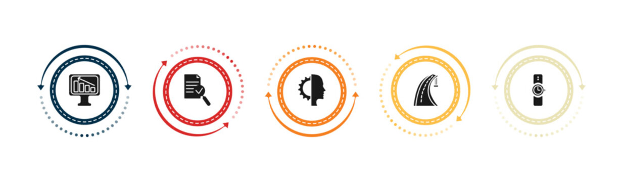 filled artificial intellegence icons set - business, evaluation, cyborg, motorway. editable vector for web and mobile ui