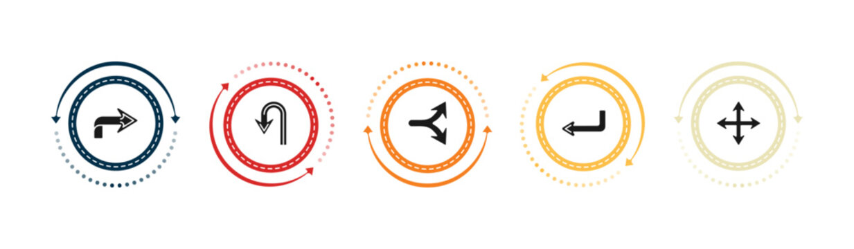 filled arrows icons set - right arrow curved, u turn arrow, horizontal split, left direction. editable vector for web and mobile ui