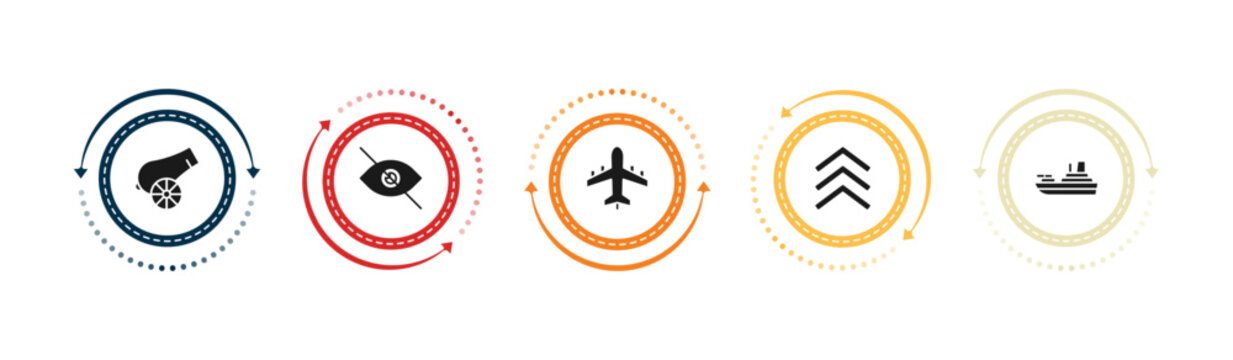 filled army and war icons set - canon, stealth, plane, chevrons. editable vector for web and mobile ui