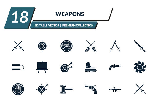 filled weapons icons set - two katanas, shooting target, no shooting, sabre. editable vector for web and mobile ui