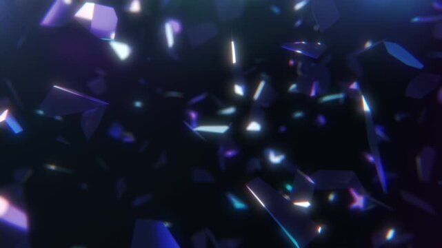 3DCG of finely shattered purple glass slowly rotating in three dimensions while sparkling and reflecting light