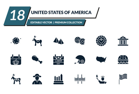 filled united states of america icons set - blessings, donkey, pyramid, donut. editable vector for web and mobile ui