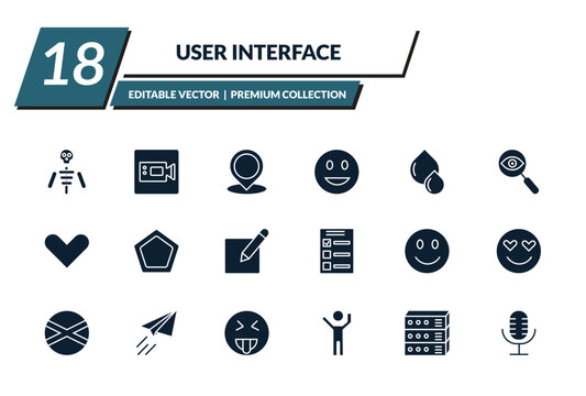 filled user interface icons set - anatomy class skeleton, facetime, point at, smiling smile. editable vector for web and mobile ui