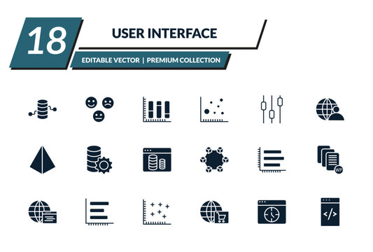 filled user interface icons set - data analytics cylinder, emot, vertical data bars, scatter circle. editable vector for web and mobile ui