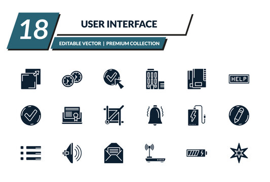 filled user interface icons set - new tab button, hours, check box with cursor, offices. editable vector for web and mobile ui