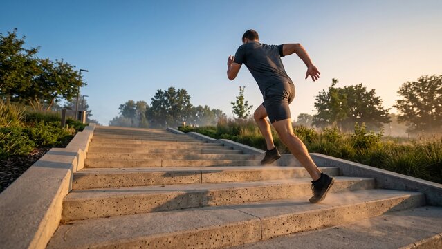 Man running up outdoor stairs during sunrise with morning mist.
