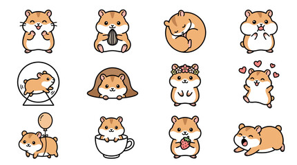 Fototapeta premium Cute Hamster Collection: Kawaii Animals, Stickers, and Illustrations