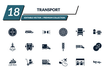 Obraz premium filled transport icons set - slim, long car, car lights, alloy wheel. editable vector for web and mobile ui