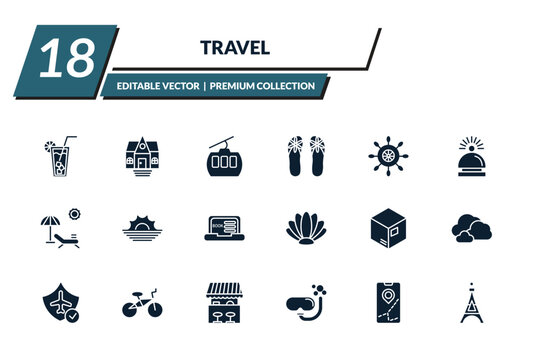 filled travel icons set - lemonade, bungalow, cable car, flip flop. editable vector for web and mobile ui